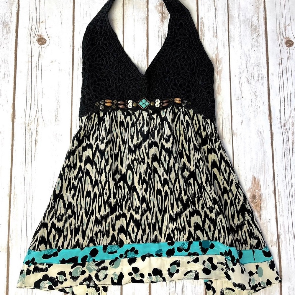 Nanette Lepore Crochet Leopard Open Back Halter Top Size XS Extra Small EEUC